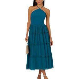 NWT ADRIANNA PAPELL Teal Sleeveless Halter Neck Tiered Mesh Ruffle Dress Size 8